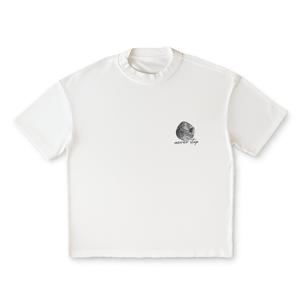 White t-shirt with a small graphic and text on a clear background
