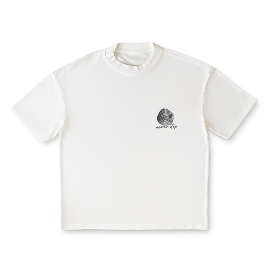 White t-shirt with a small graphic and text on a clear background