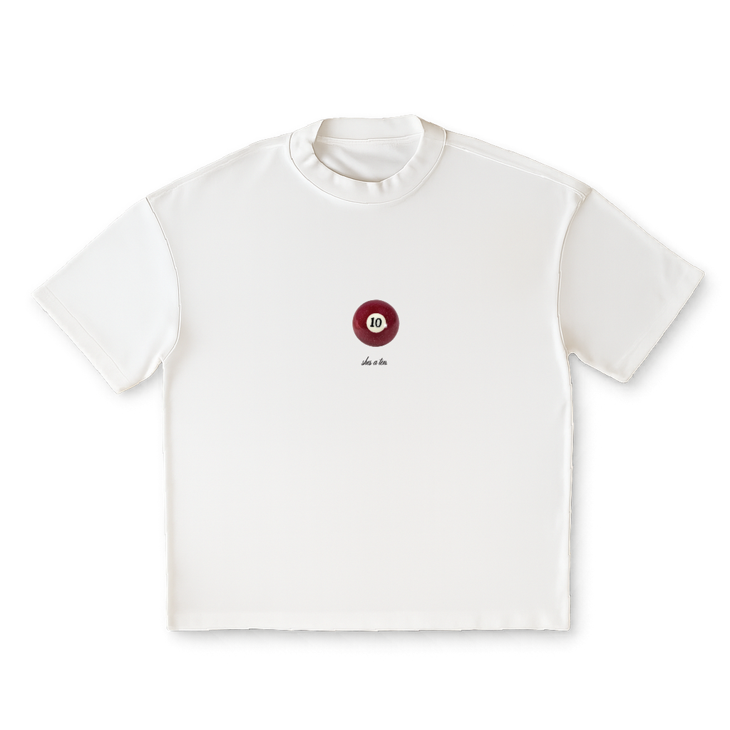 White t-shirt with a small logo on a clear background