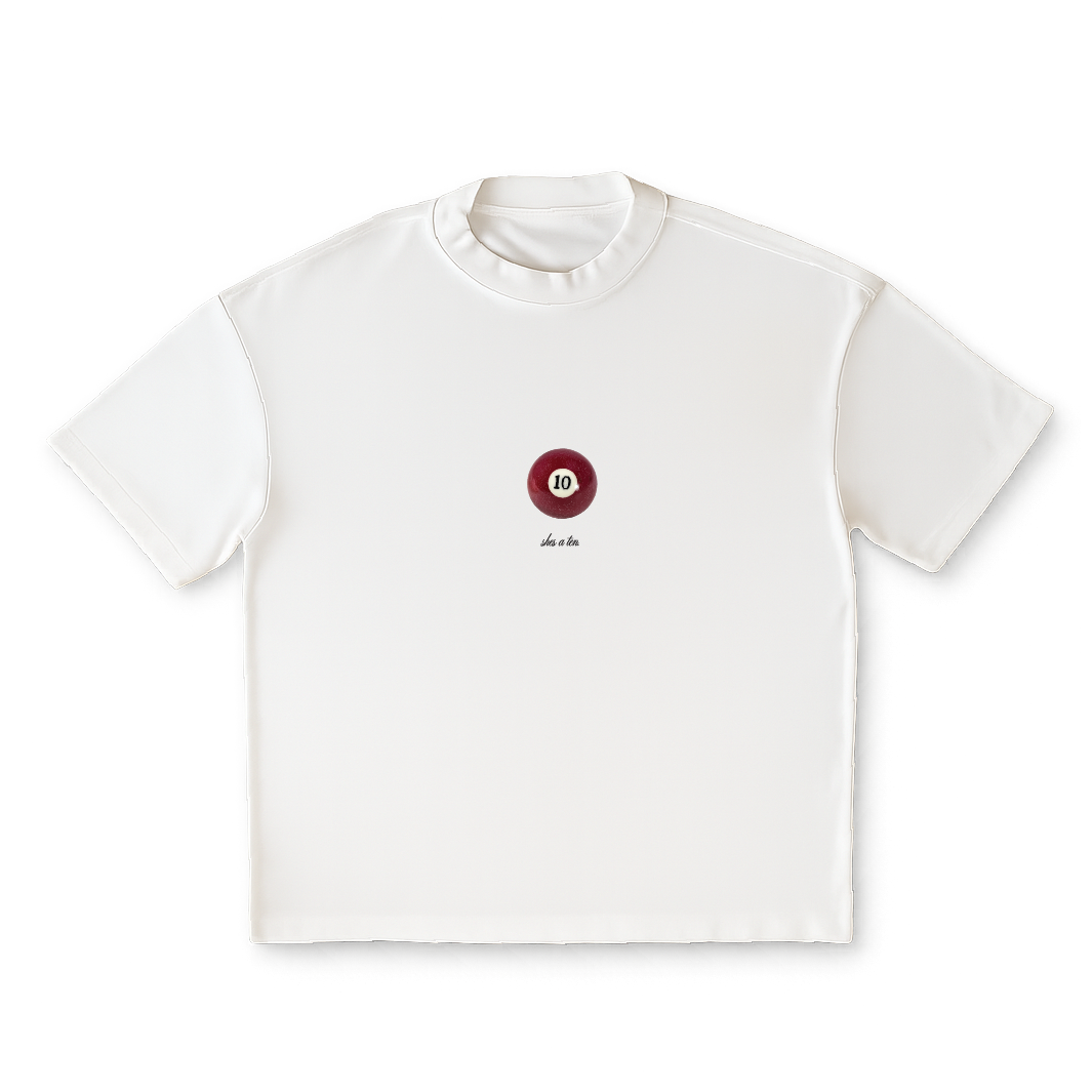 White t-shirt with a small logo on a clear background