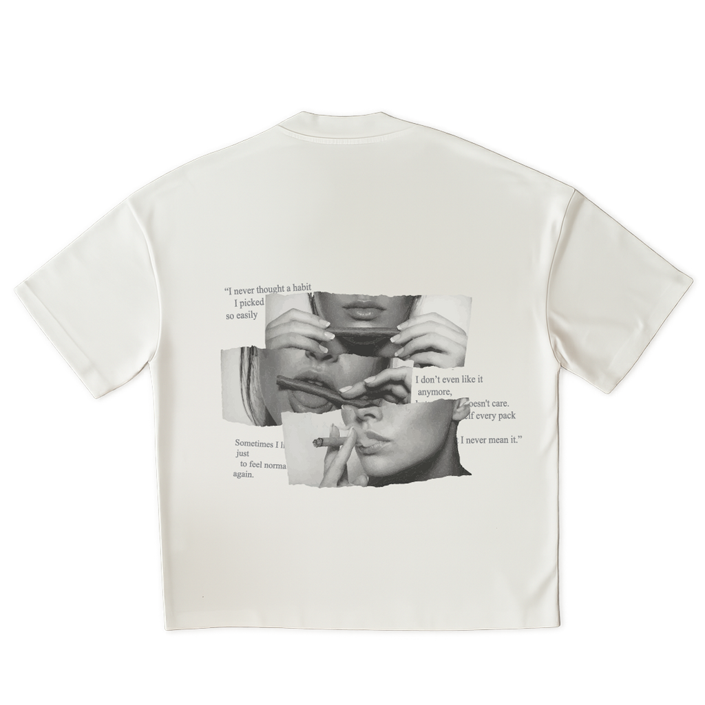 White t-shirt with graphic design and text on a clear  background