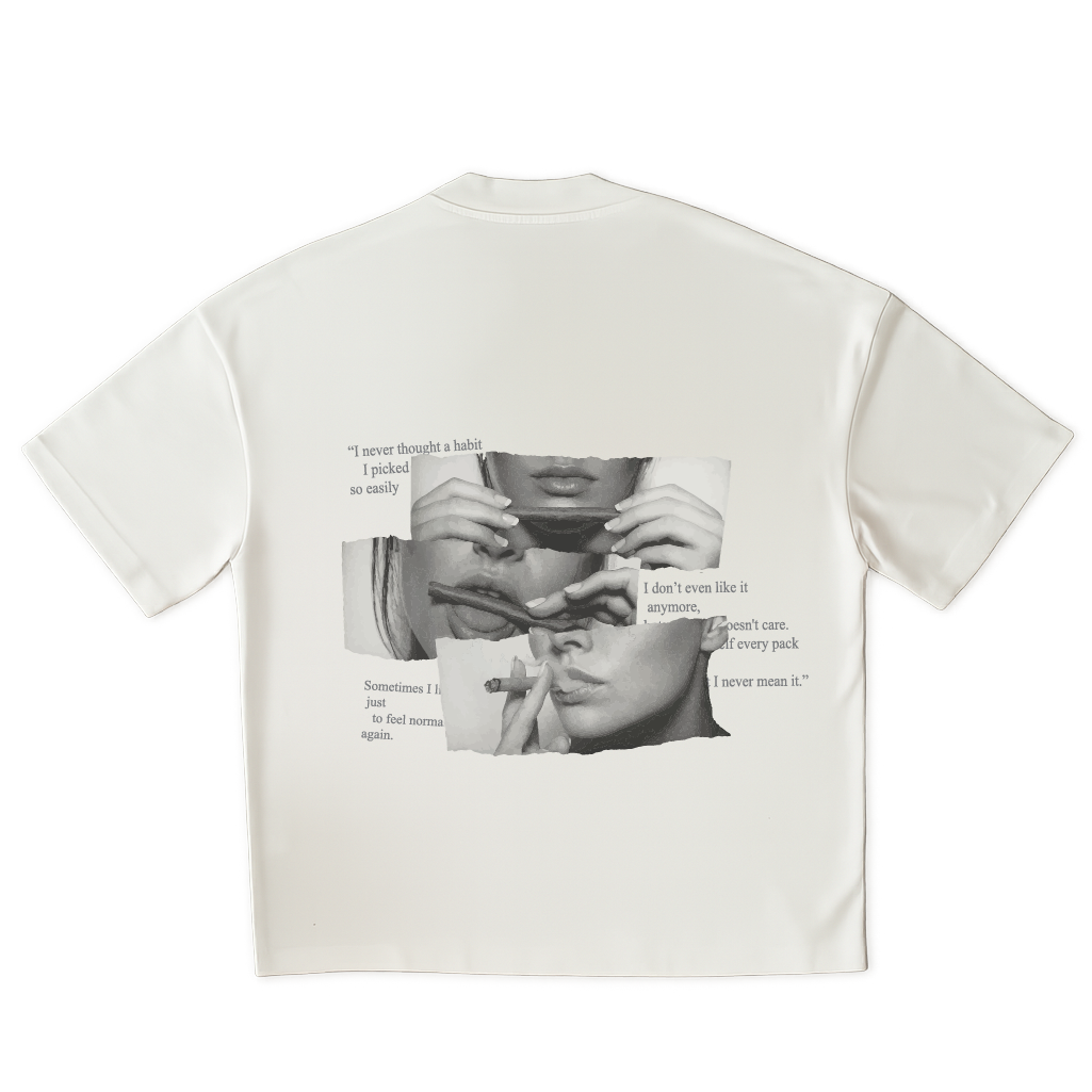 White t-shirt with graphic design and text on a clear  background
