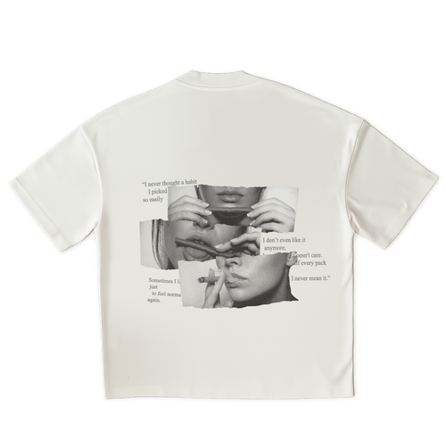 White t-shirt with graphic design and text on a clear  background