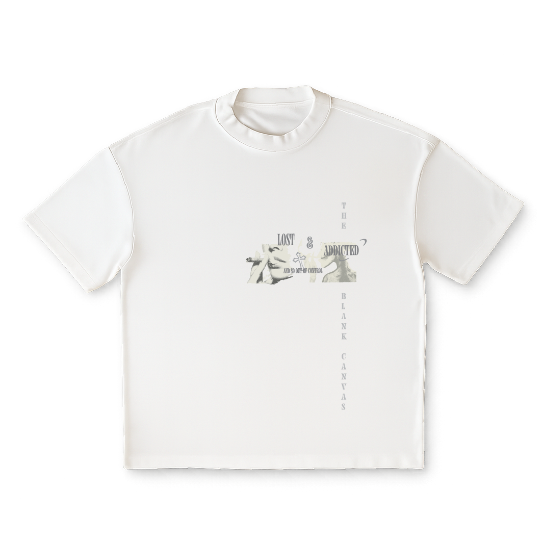 White t-shirt with graphic design on a clear  background