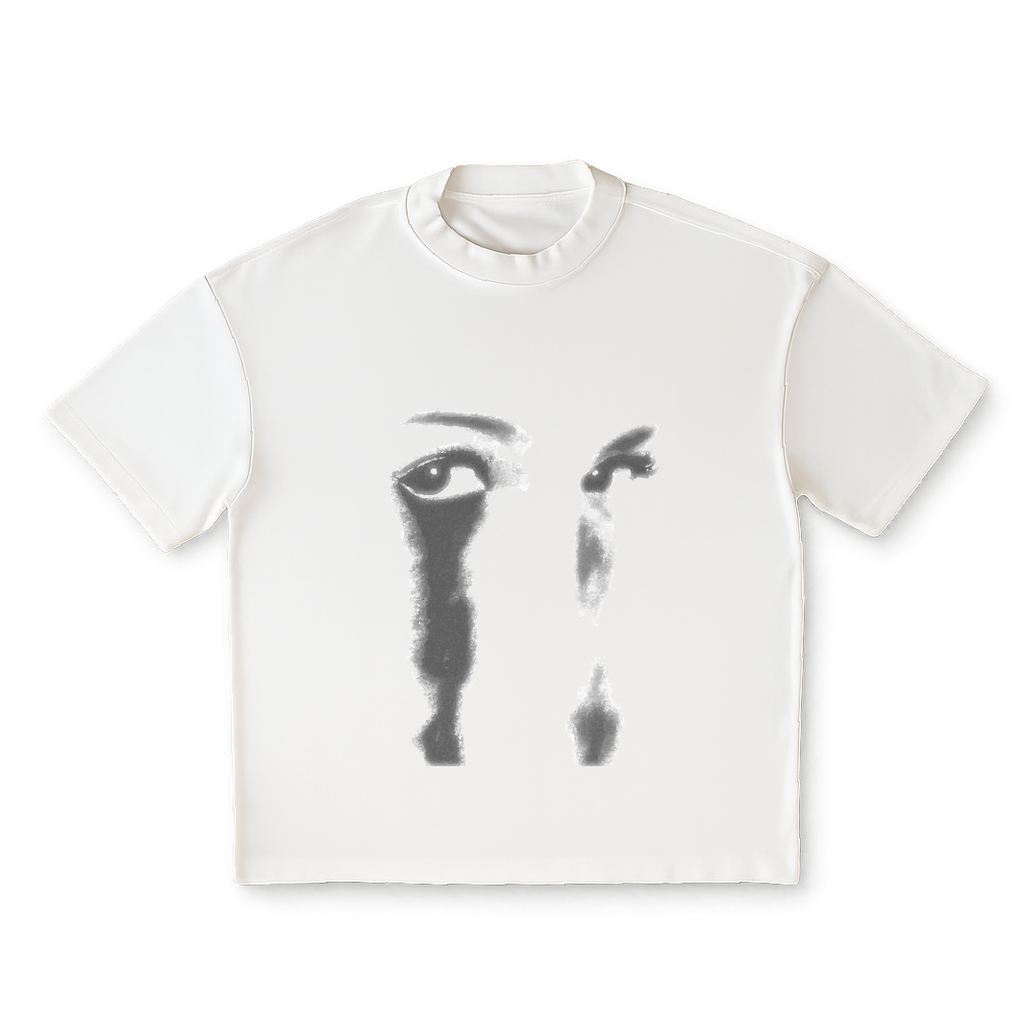 White t-shirt with black abstract design on a clear background