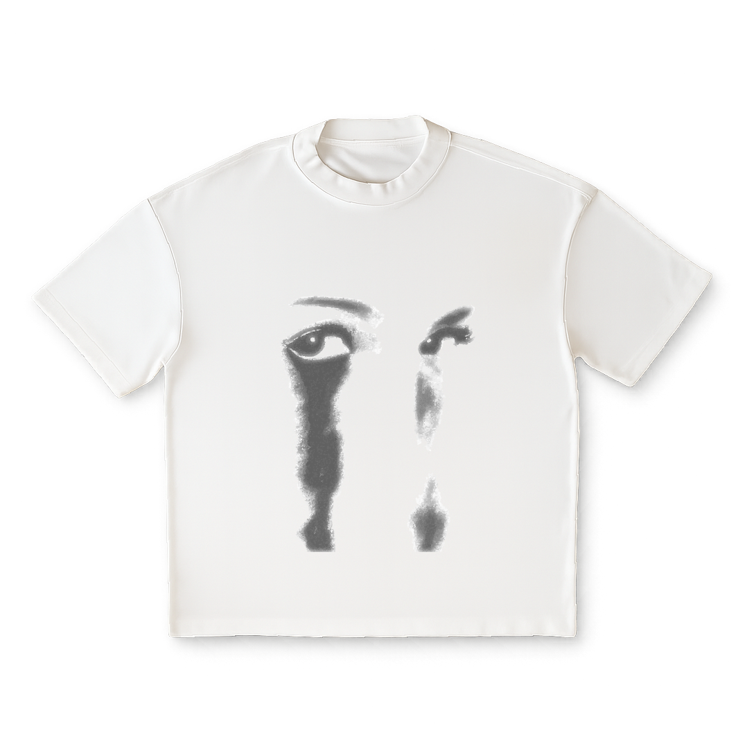 White t-shirt with black abstract design on a clear background