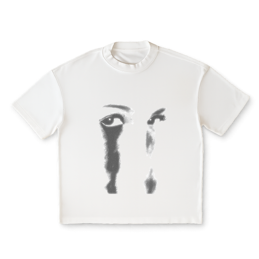White t-shirt with black abstract design on a clear background