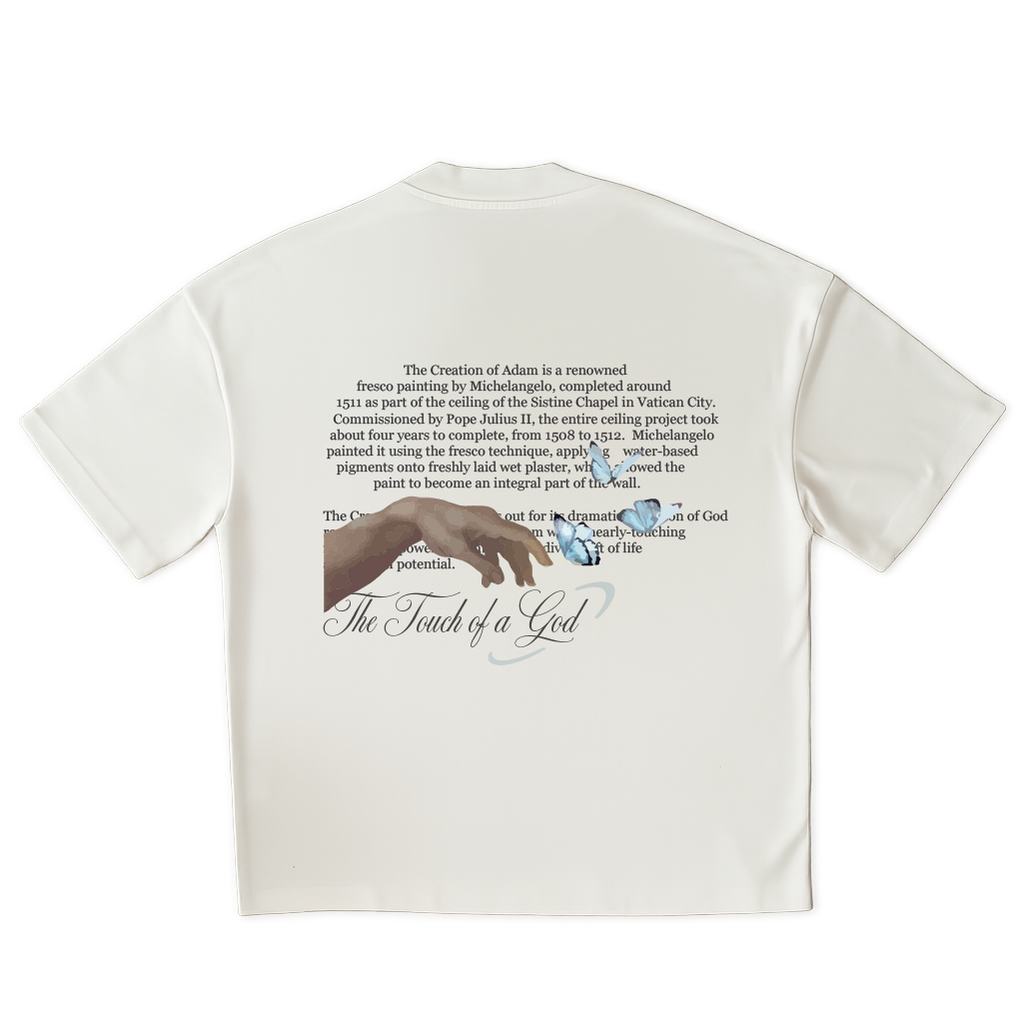 White t-shirt with text and graphics on the back, displayed on a clear background
