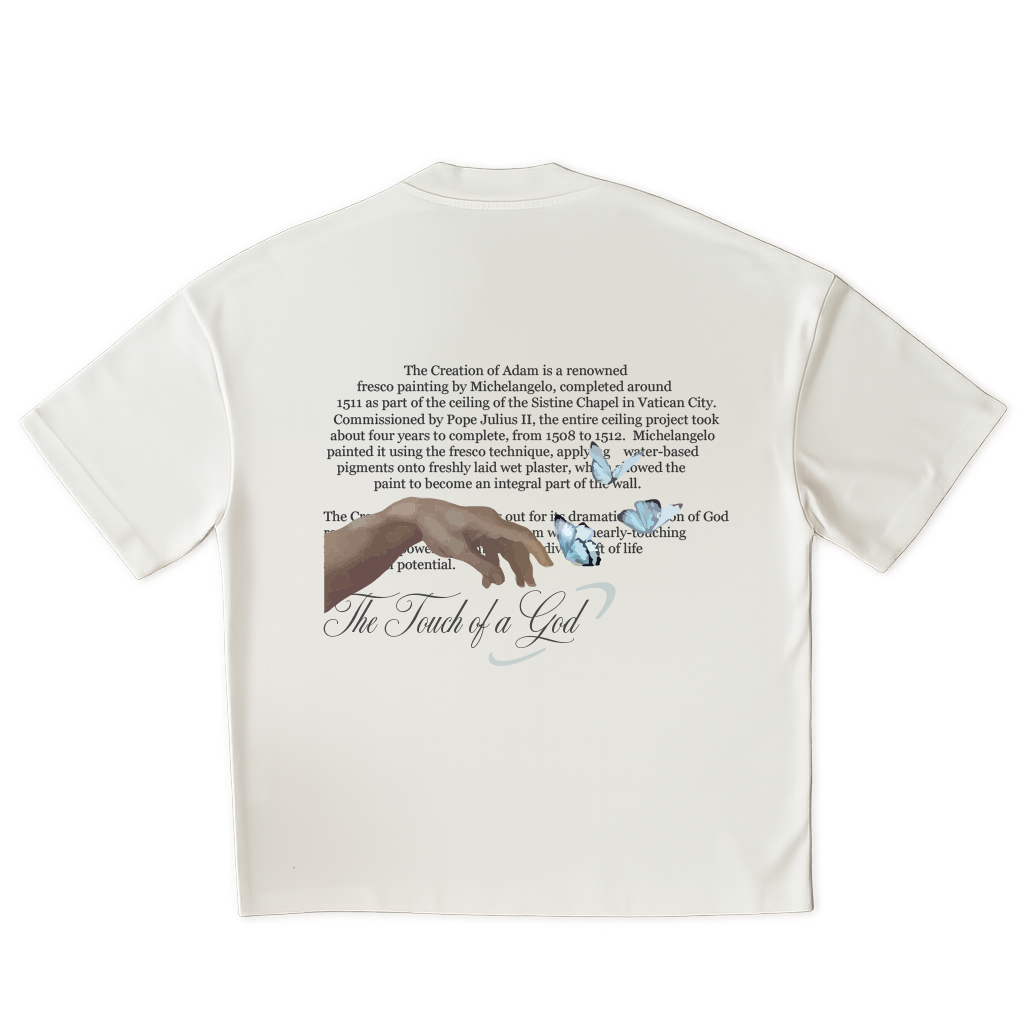 White t-shirt with text and graphics on the back, displayed on a clear background
