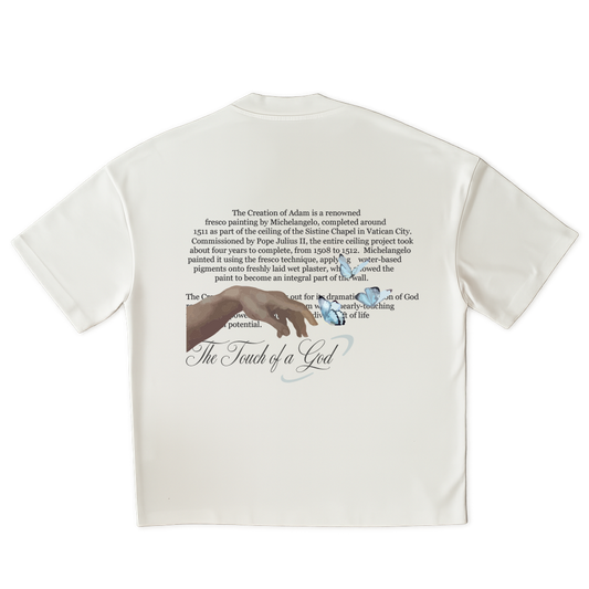 White t-shirt with text and graphics on the back, displayed on a clear background