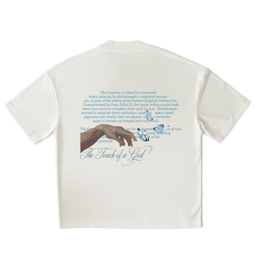 White t-shirt with text and artistic depiction of hands on a clear  background