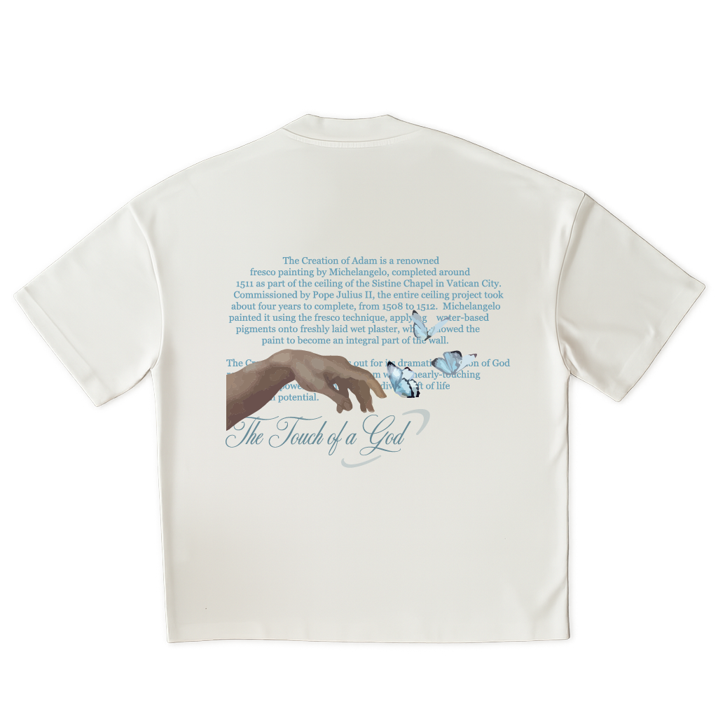 White t-shirt with text and artistic depiction of hands on a clear  background
