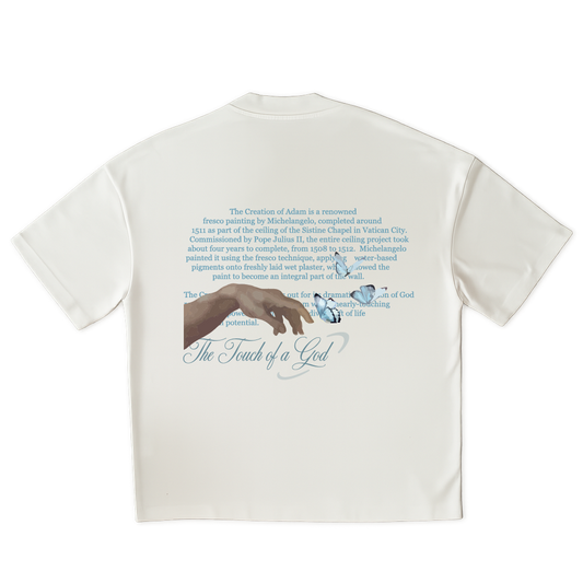 White t-shirt with text and artistic depiction of hands on a clear  background