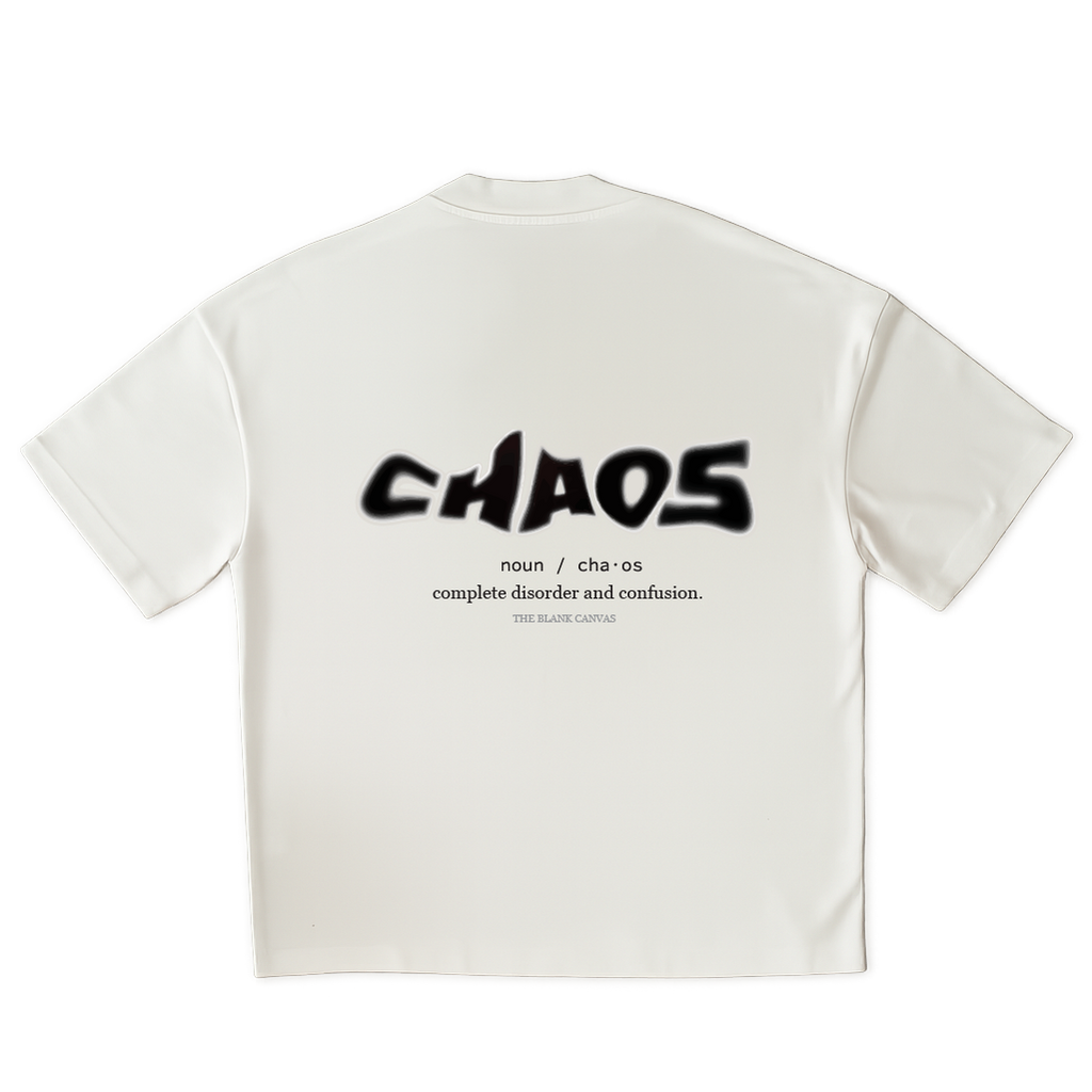 White t-shirt with black text on a clear background
