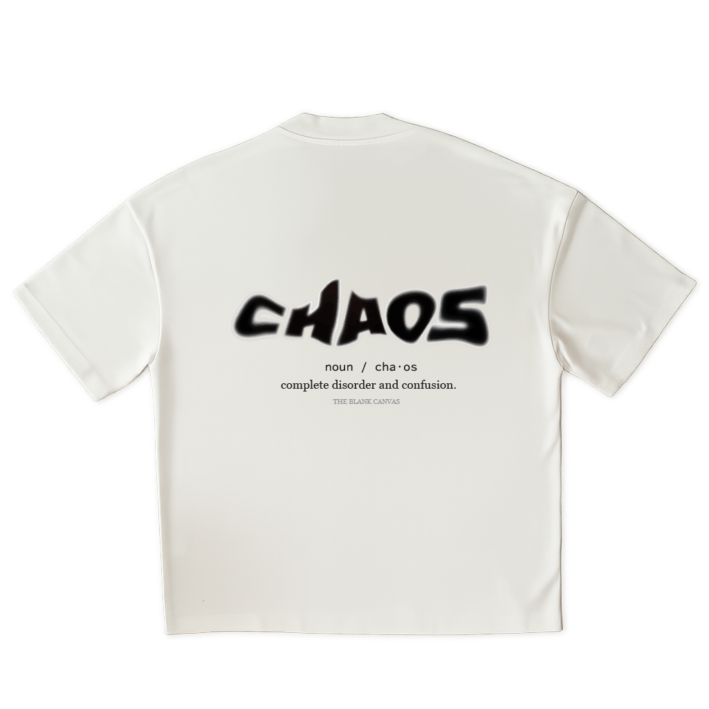 White t-shirt with black text on a clear background